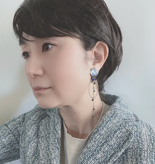 イヤリング ブルー フープ バラの木 ラピスラズリ クリップイヤリング