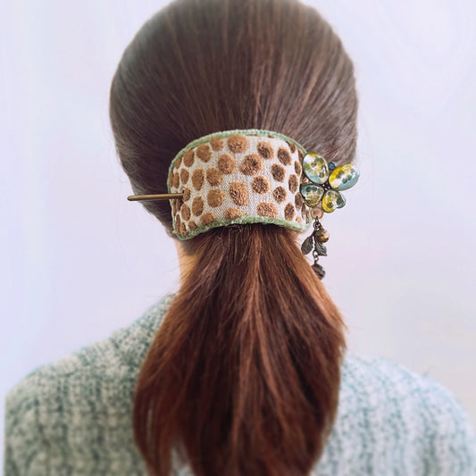 かんざしバレッタ 蝶 グリーン 布 TAMARUSAN