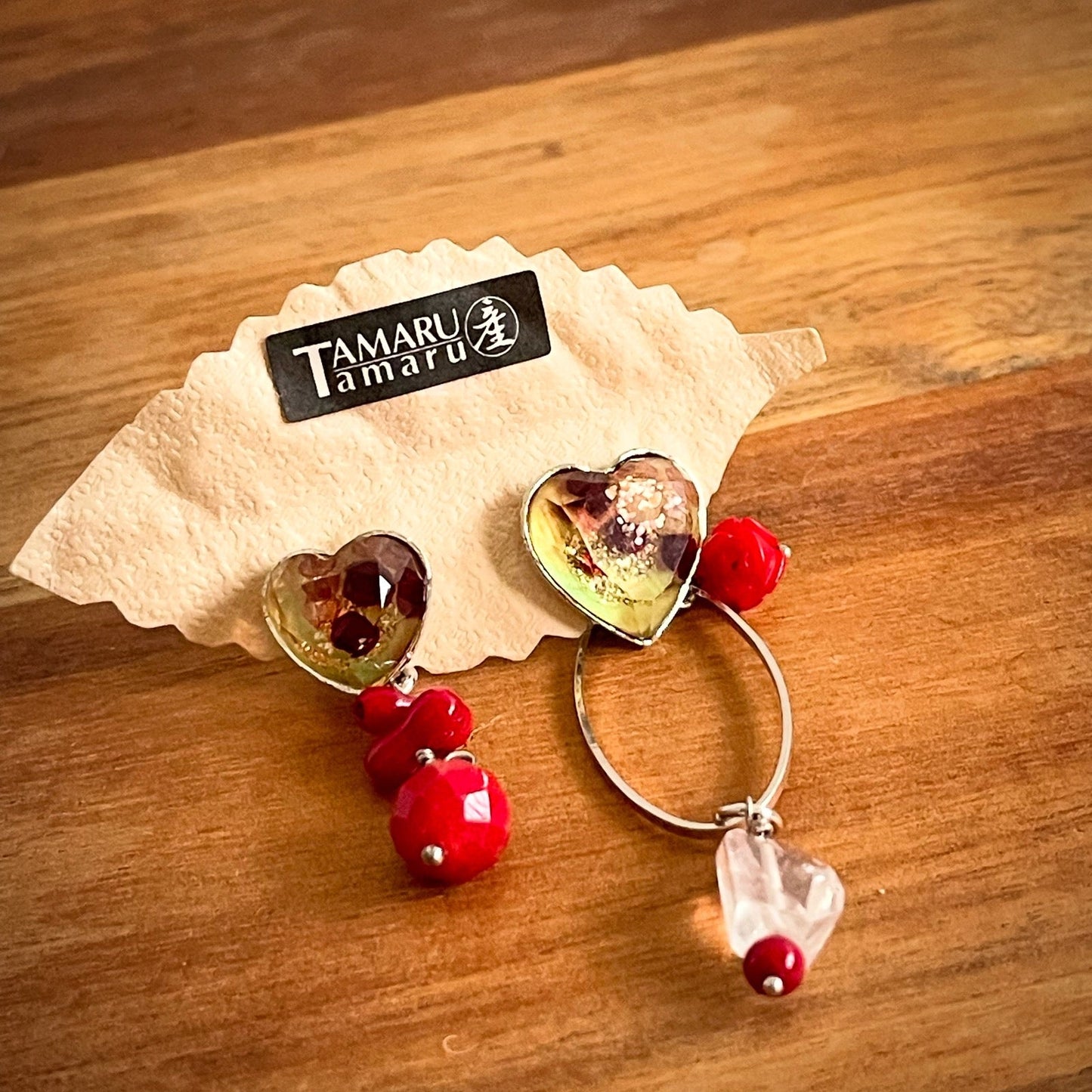 ピアス アシンメトリー ピンク 珊瑚 ハート TAMARUSAN