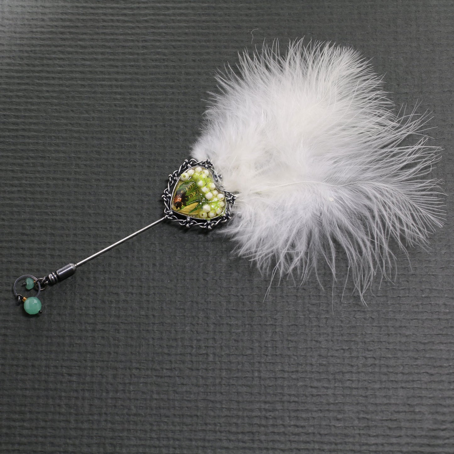 羽つきハットピン 緑 マーブル柄 ハート TAMARUSAN