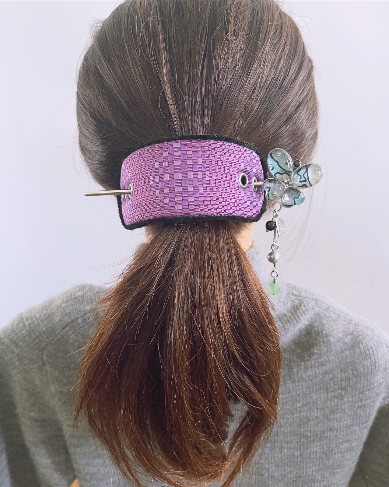 かんざしバレッタ 蝶 グリーン 布 TAMARUSAN