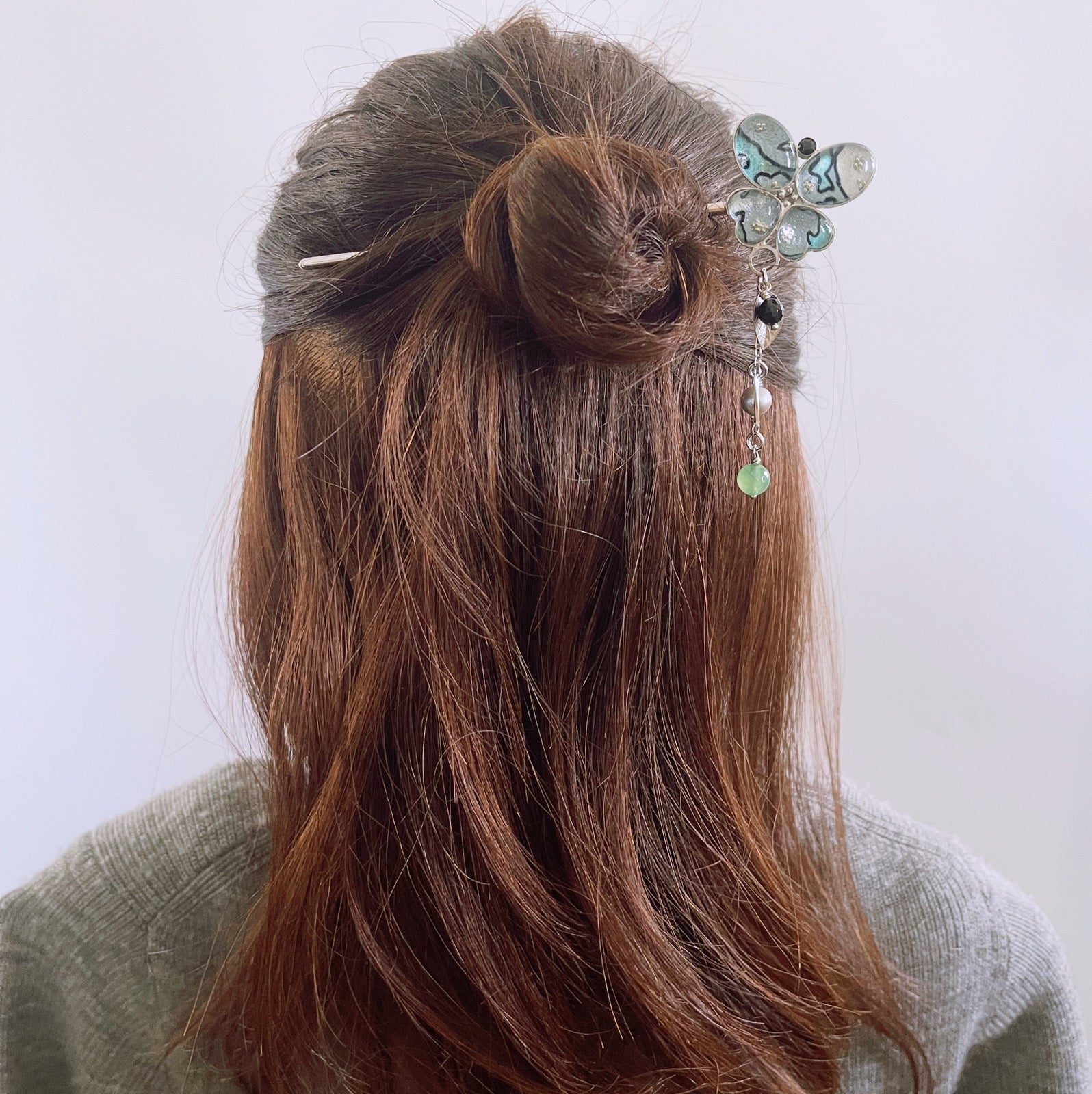 かんざしバレッタ 蝶 グリーン 布 TAMARUSAN