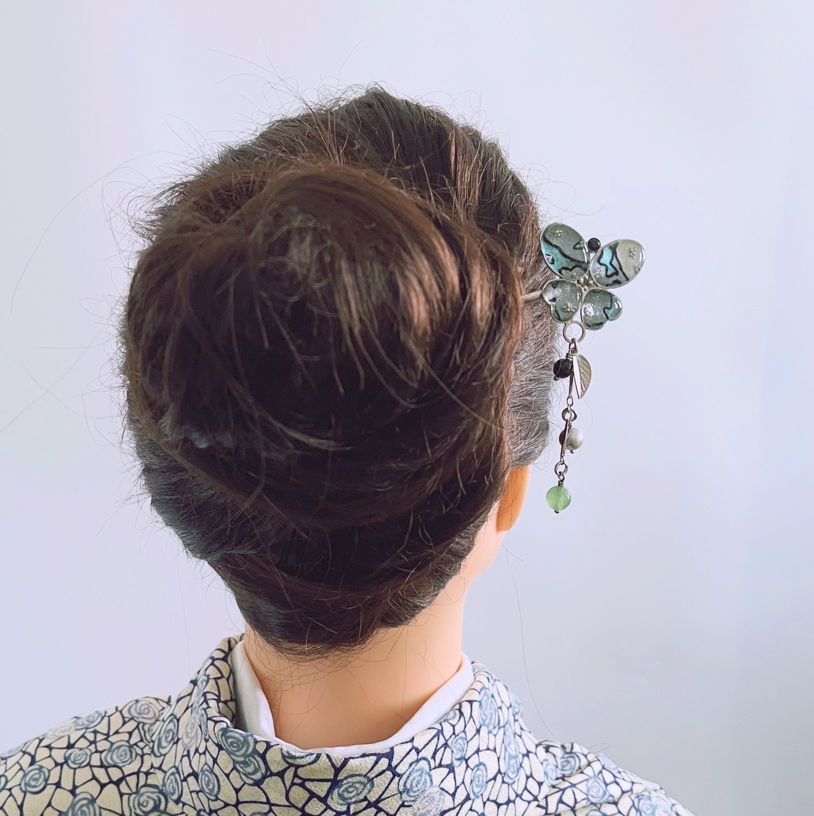 かんざしバレッタ 蝶 グリーン 布 TAMARUSAN