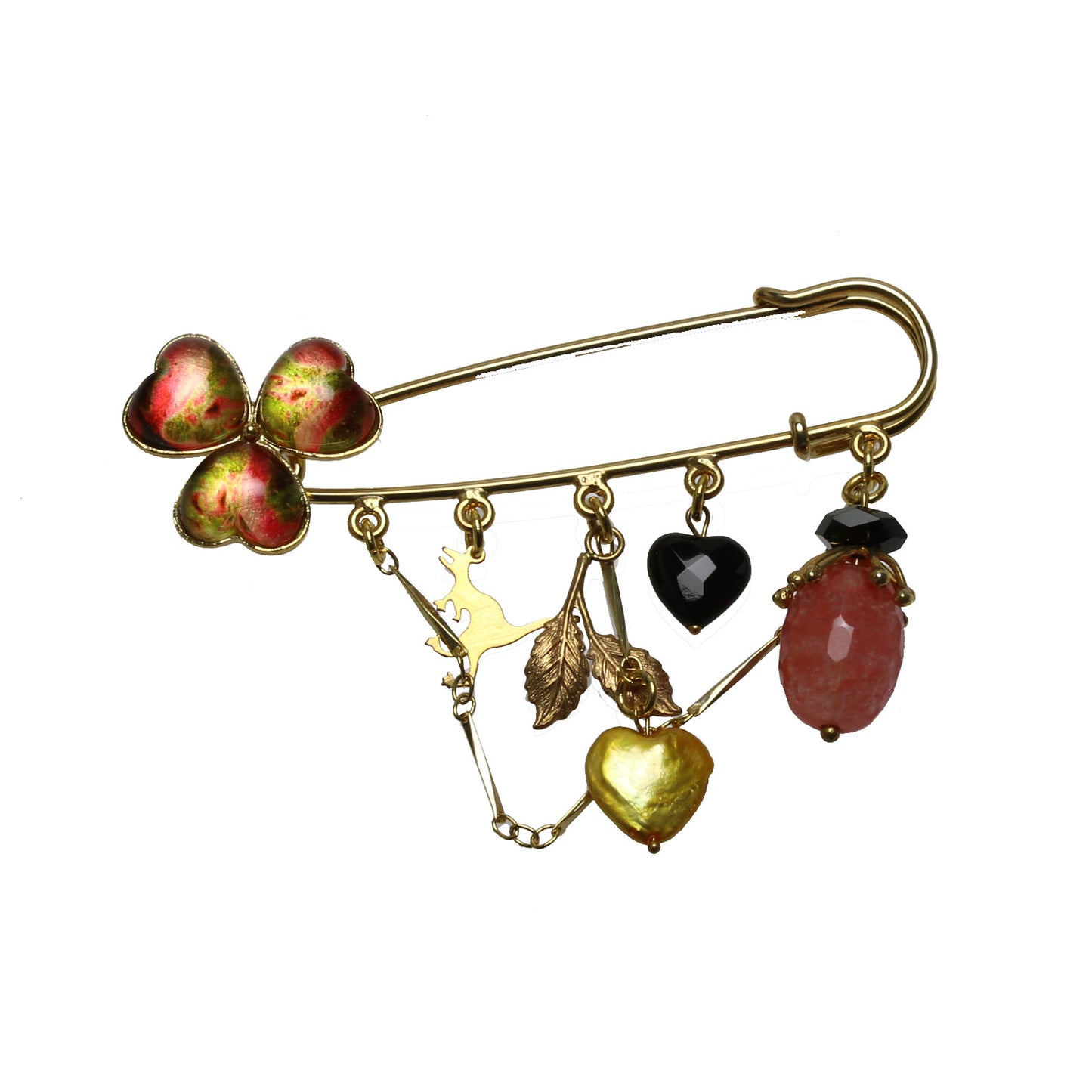 花 安全ピン型ブローチ 赤 金 TAMARUSAN