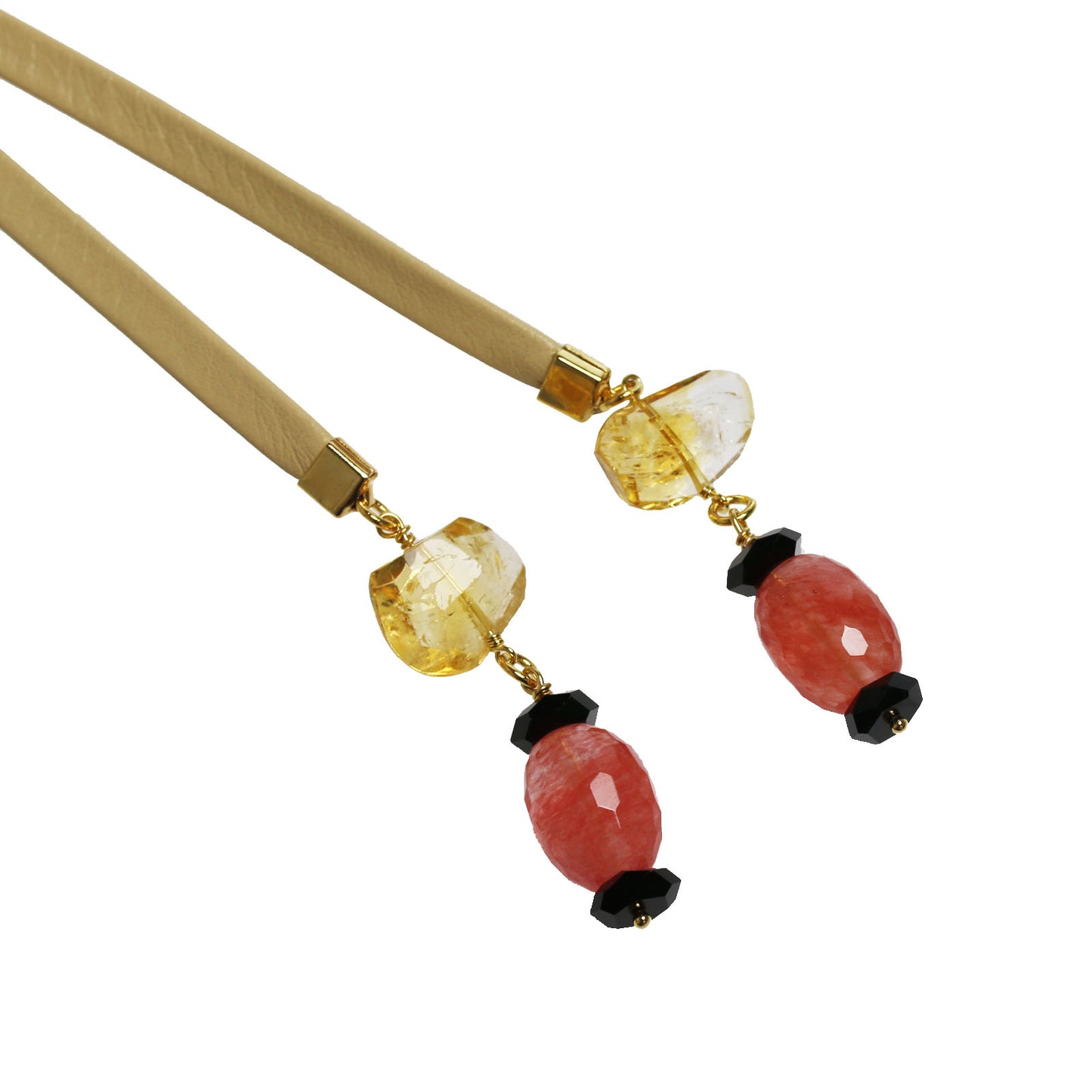 革紐ループタイ 赤 金 チェリークォーツ シトリン TAMARUSAN