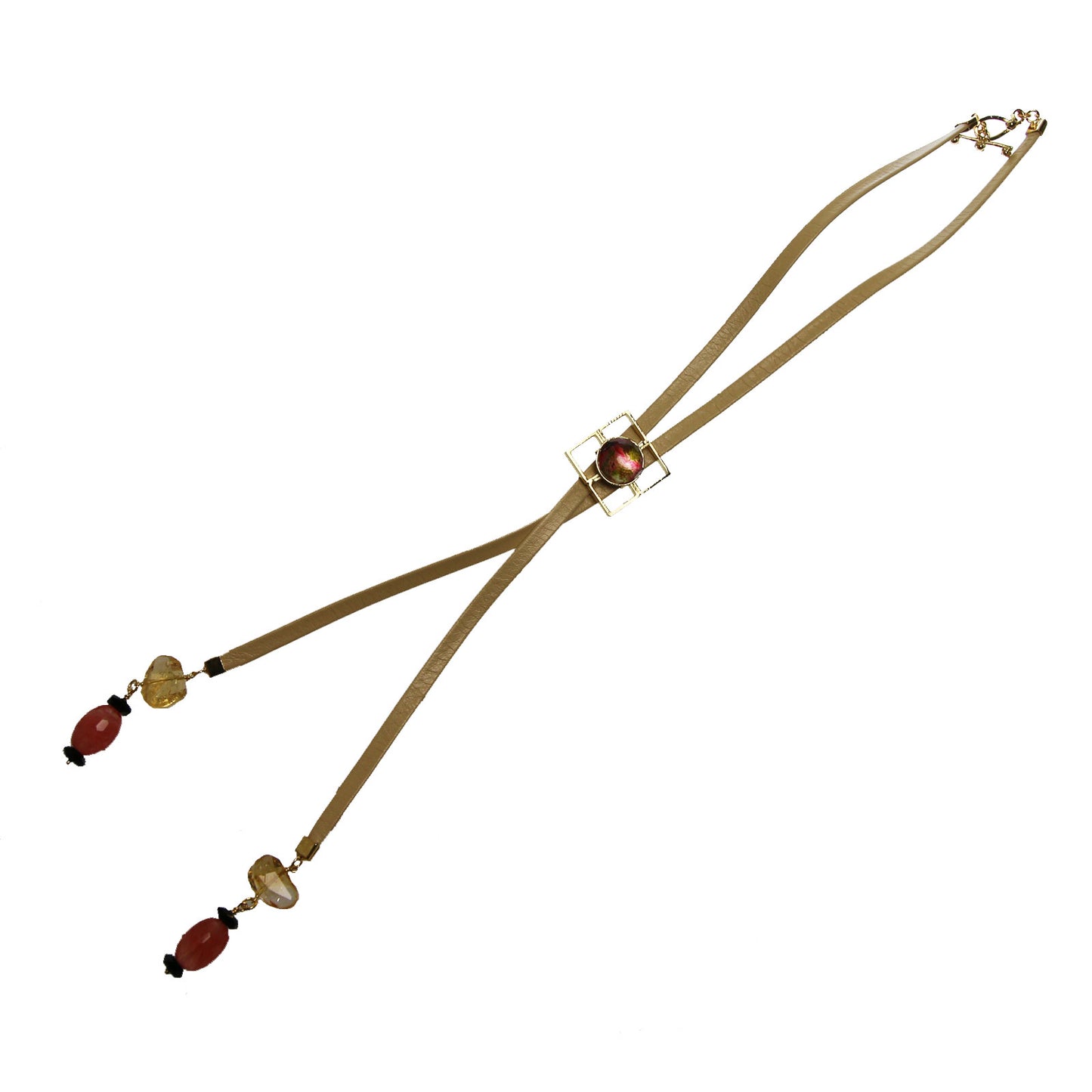 革紐ループタイ 赤 金 チェリークォーツ シトリン TAMARUSAN