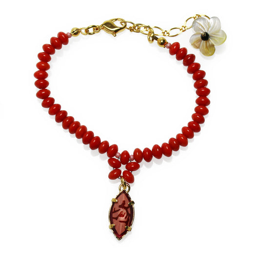 ブレスレット 赤 血赤珊瑚 シェル 花 TAMARUSAN