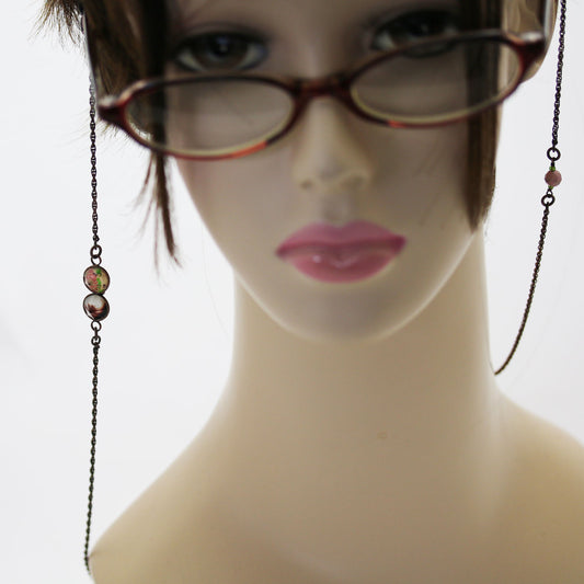 眼鏡チェーン バラ ピンク 天然石 三毛猫柄 TAMARUSAN