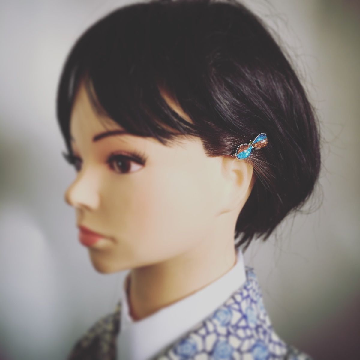 ヘアピン 青 ラメ 木目 飾り取り外し可能 TAMARUSAN