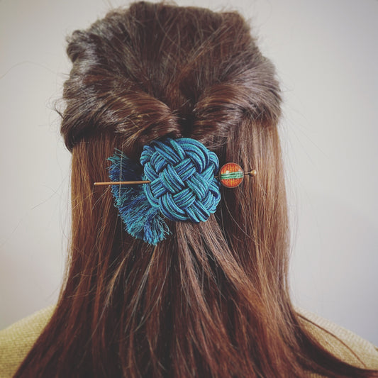 かんざしバレッタ 組紐 シルク 水引 ピーコックブルー TAMARUSAN
