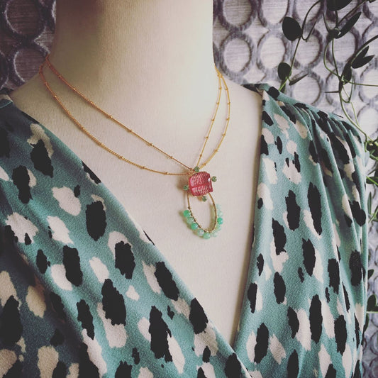 ネックレス 2連 ピンク 水引 金 天然石 TAMARUSAN