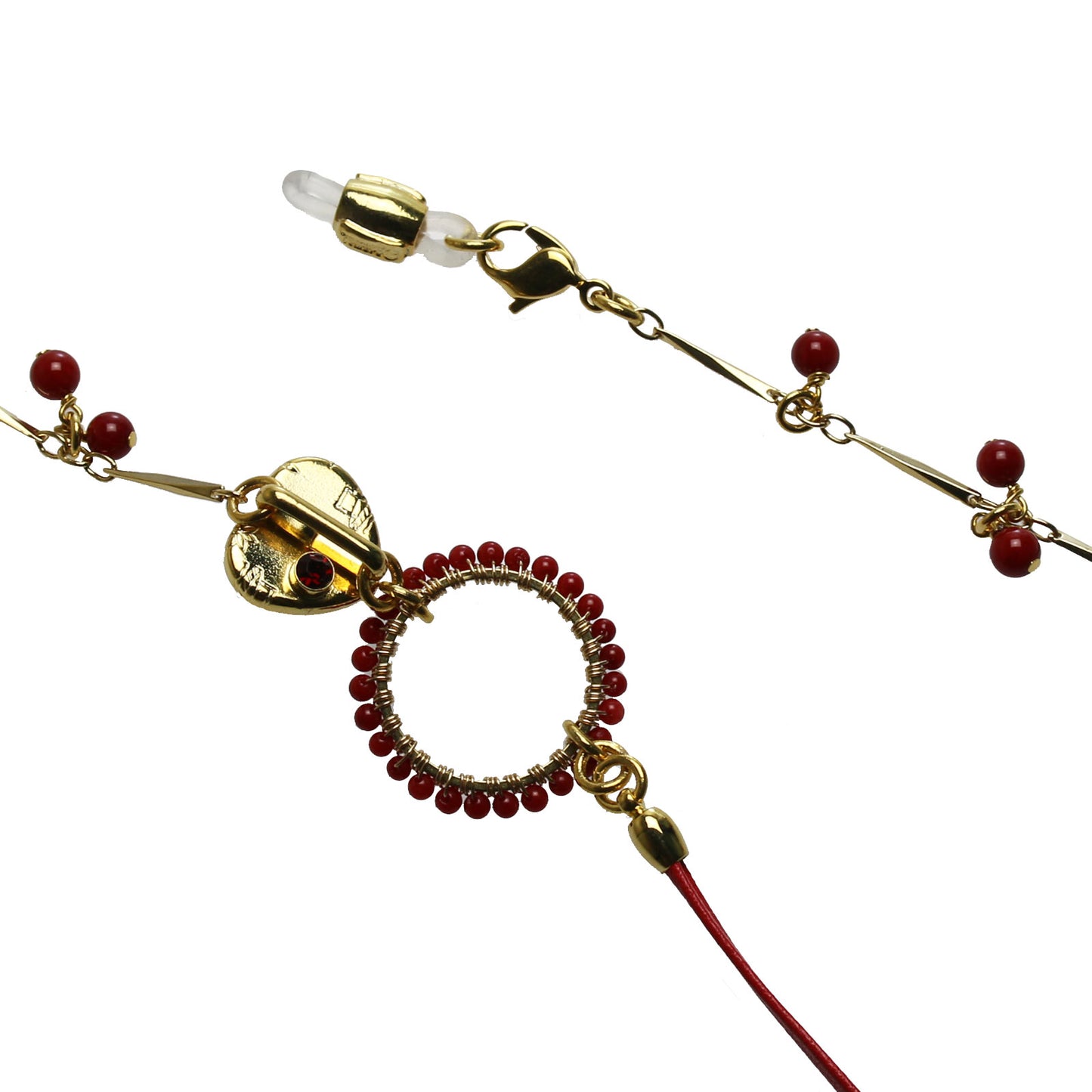 ネックレスにもなる眼鏡チェーン 革紐 虹 赤 珊瑚 TAMARUSAN