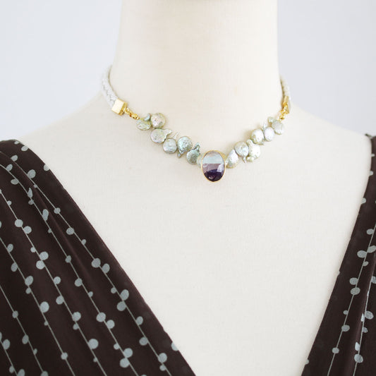 チョーカー 紫 淡水パール 銀ラメ リボン TAMARUSAN