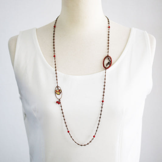 ロングネックレス 珊瑚 赤 鳥 七宝 アンティーク調 TAMARUSAN