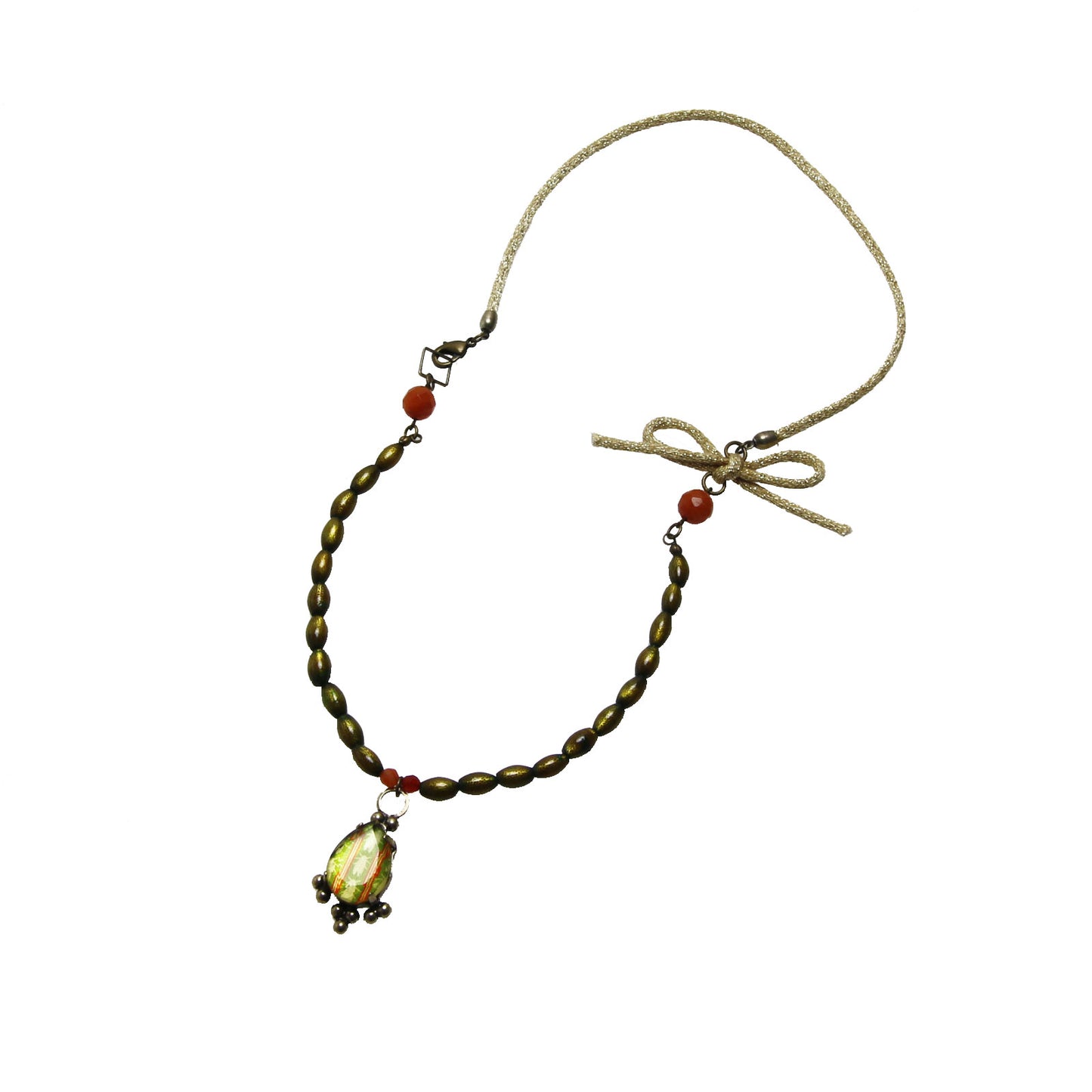 ネックレス 黄緑 珊瑚(染め) リボン アゲート カーネリアン TAMARUSAN