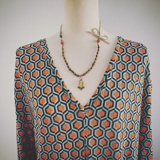 ネックレス 黄緑 珊瑚(染め) リボン アゲート カーネリアン TAMARUSAN