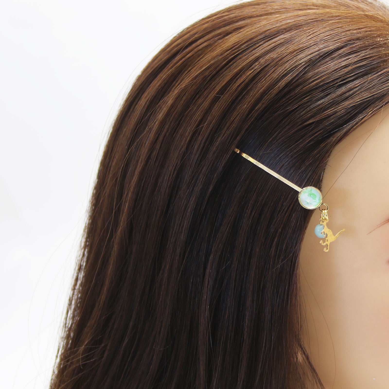 ヘアピン 金 恐竜 アマゾナイト バラ 水色 TAMARUSAN