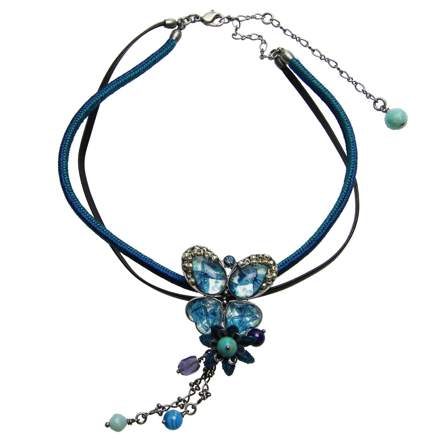 組紐チョーカー 蝶 青 正絹 革紐 2連 TAMARUSAN