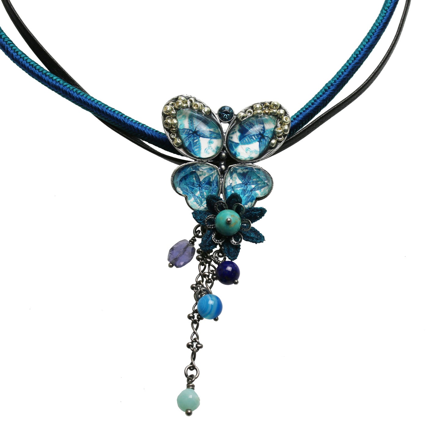 組紐チョーカー 蝶 青 正絹 革紐 2連 TAMARUSAN