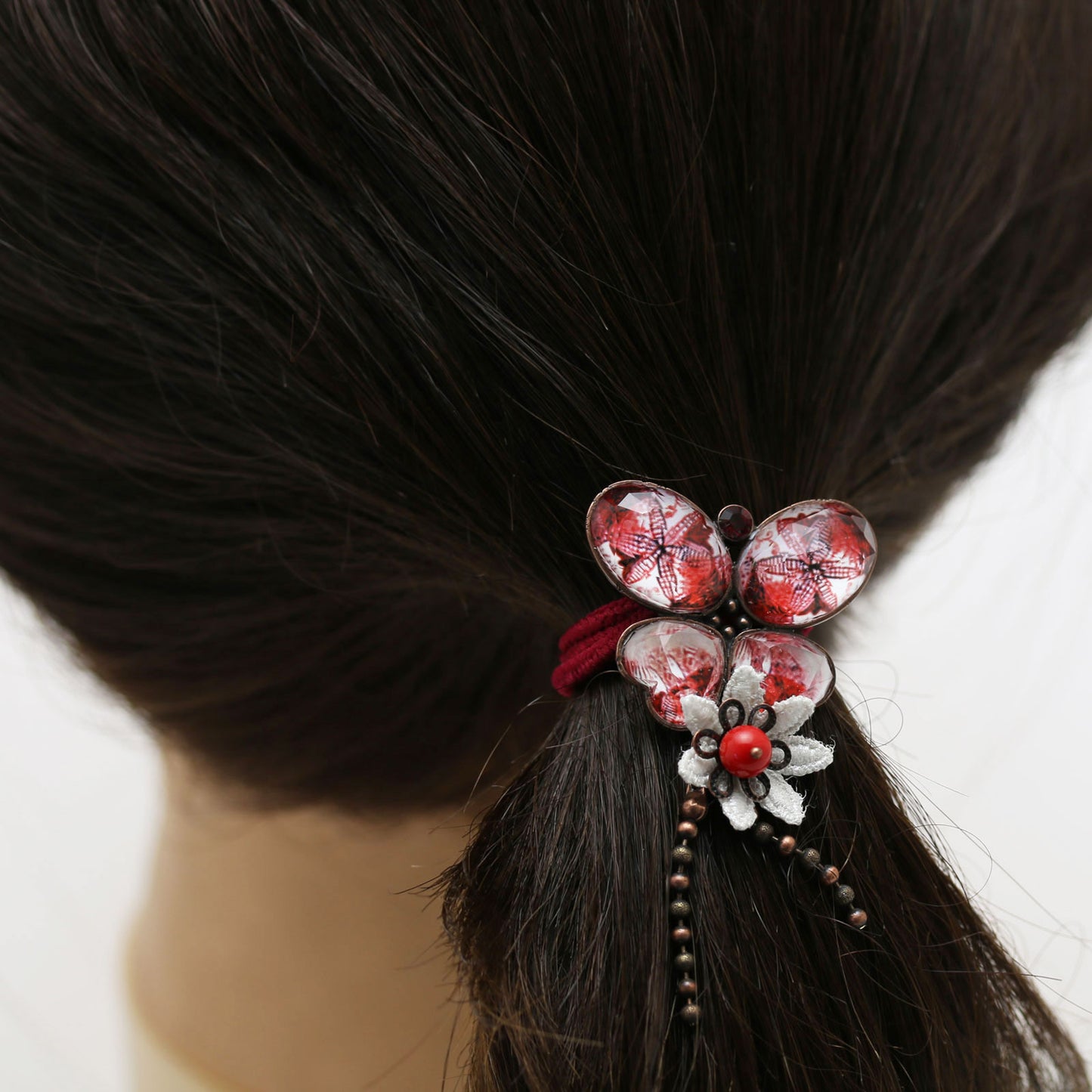 ヘアゴム 赤 華やか おしゃれ 蝶 レース 珊瑚 TAMARUSAN