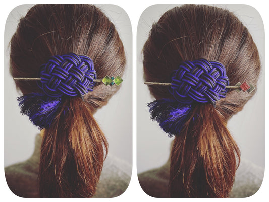 かんざしバレッタ 組紐 正絹 紫 黄緑 TAMARUSAN