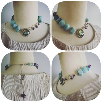 天然石チョーカー アマゾナイト 青 アメジスト インプレッションストーン TAMARUSAN