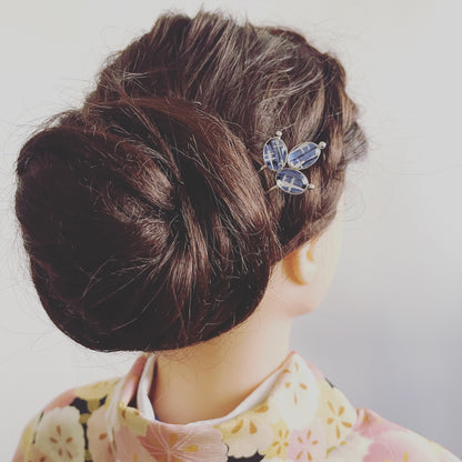 短いかんざし 二股 ヤモリ 青 TAMARUSAN