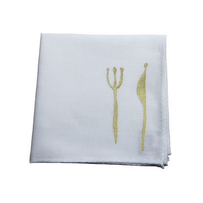 ナイフ フォーク ハンカチ ハンドプリント 白 綿 ハンカチ ゴールド