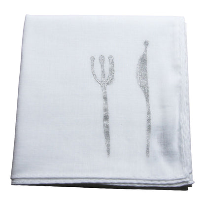 ナイフ フォーク ハンカチ ハンドプリント 白 綿 ハンカチ シルバー