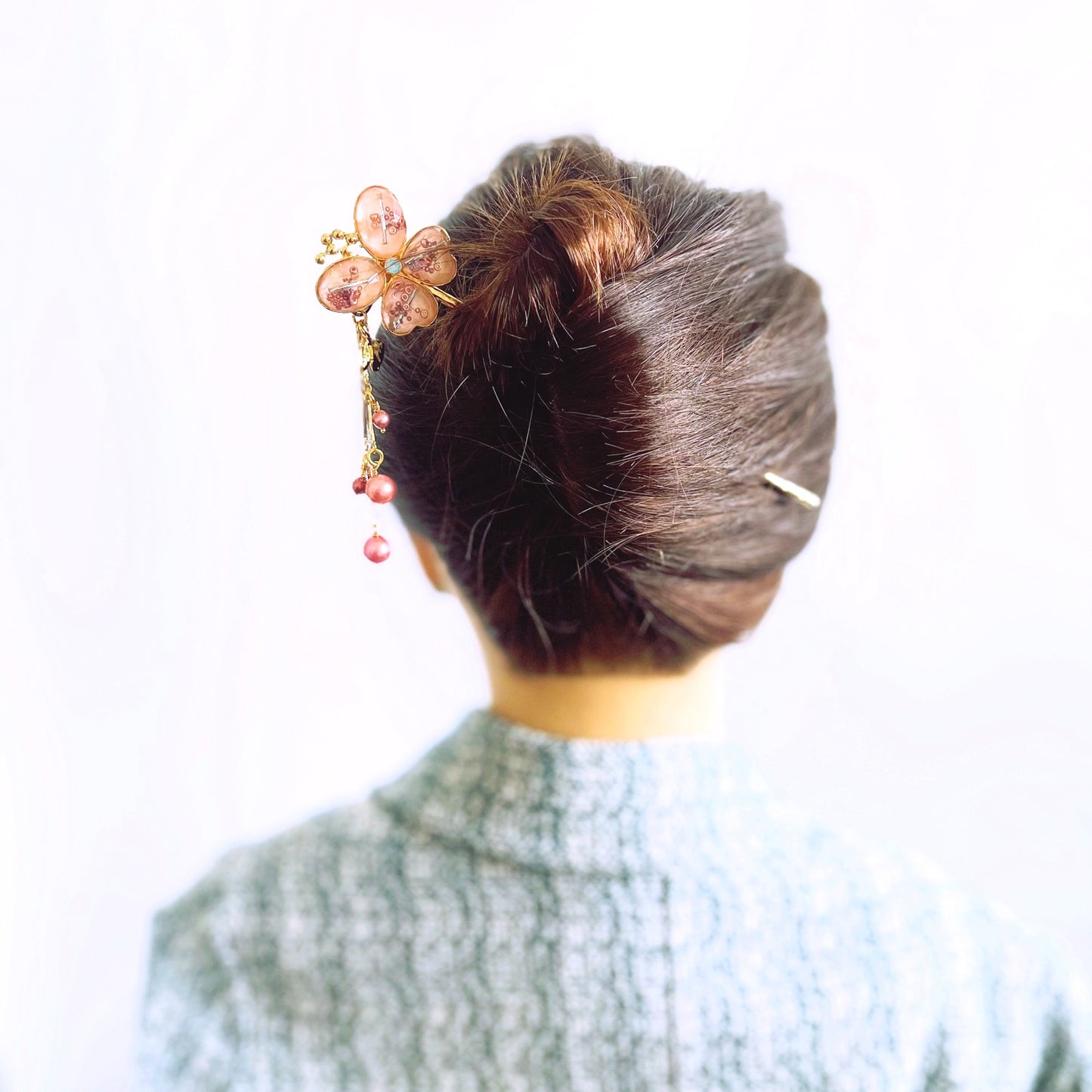 かんざし ピンク 蝶 24k 淡水パール 一本挿しかんざし