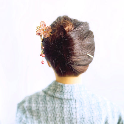 かんざし ピンク 蝶 24k 淡水パール 一本挿しかんざし