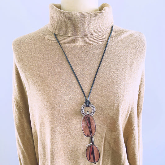 革紐 眼鏡ホルダー 紺 銀 ヘリンボーン 眼鏡ホルダー