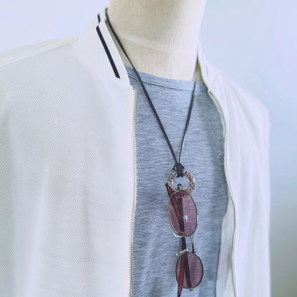 革紐 眼鏡ホルダー 紺 銀 ヘリンボーン 眼鏡ホルダー