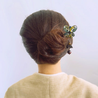 かんざしバレッタ 蝶 グリーン 布 TAMARUSAN