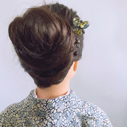 かんざしバレッタ 蝶 グリーン 布 TAMARUSAN