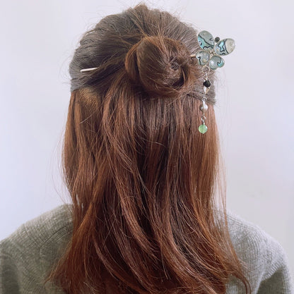 かんざしバレッタ 蝶 グリーン 布 TAMARUSAN