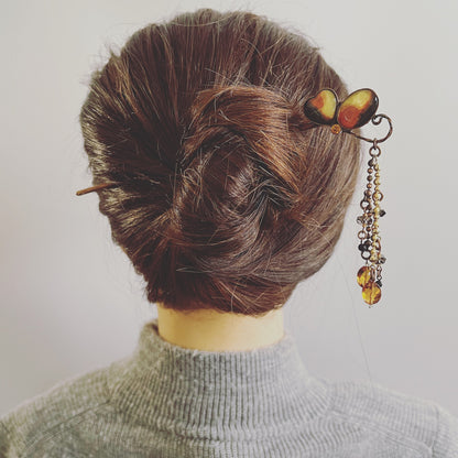 かんざし 蝶 茶色 白 三毛猫柄 TAMARUSAN