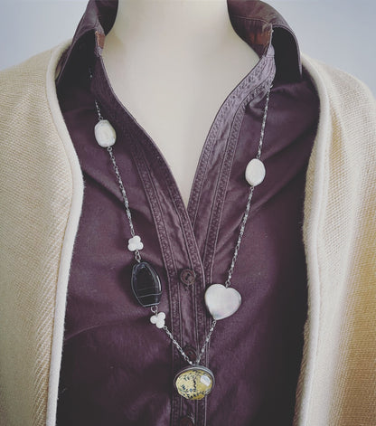 ロングネックレス アゲート 淡水パール 青 ネックレス