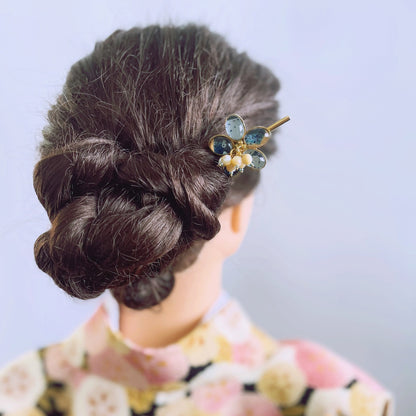 花 かんざし 金 鮫ブルー マザーオブパール かんざし