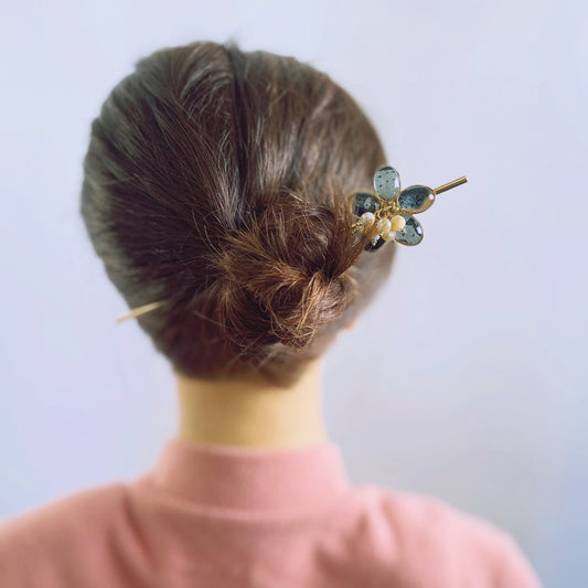 花 かんざし 金 鮫ブルー マザーオブパール かんざし