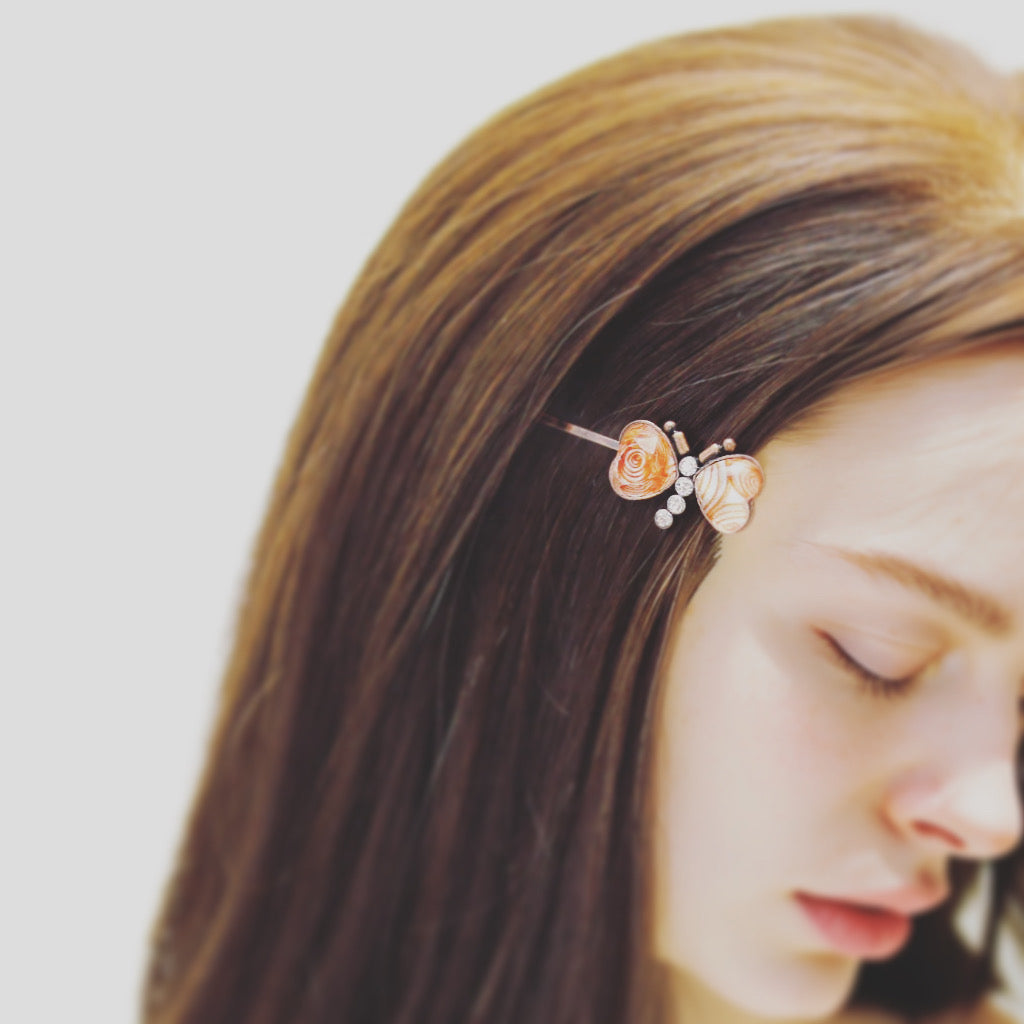 ヘアピン 蝶 渦巻き オレンジ ラインストーン 高級ヘアピン