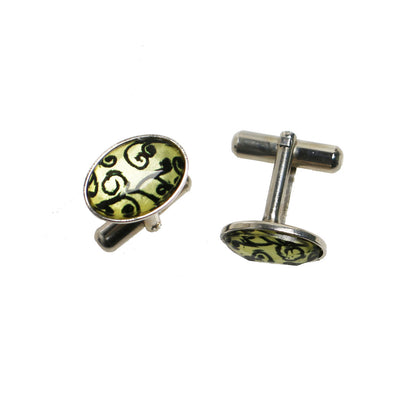 カフスボタン 白黒 楕円 ロジウム 唐草 カフスボタン