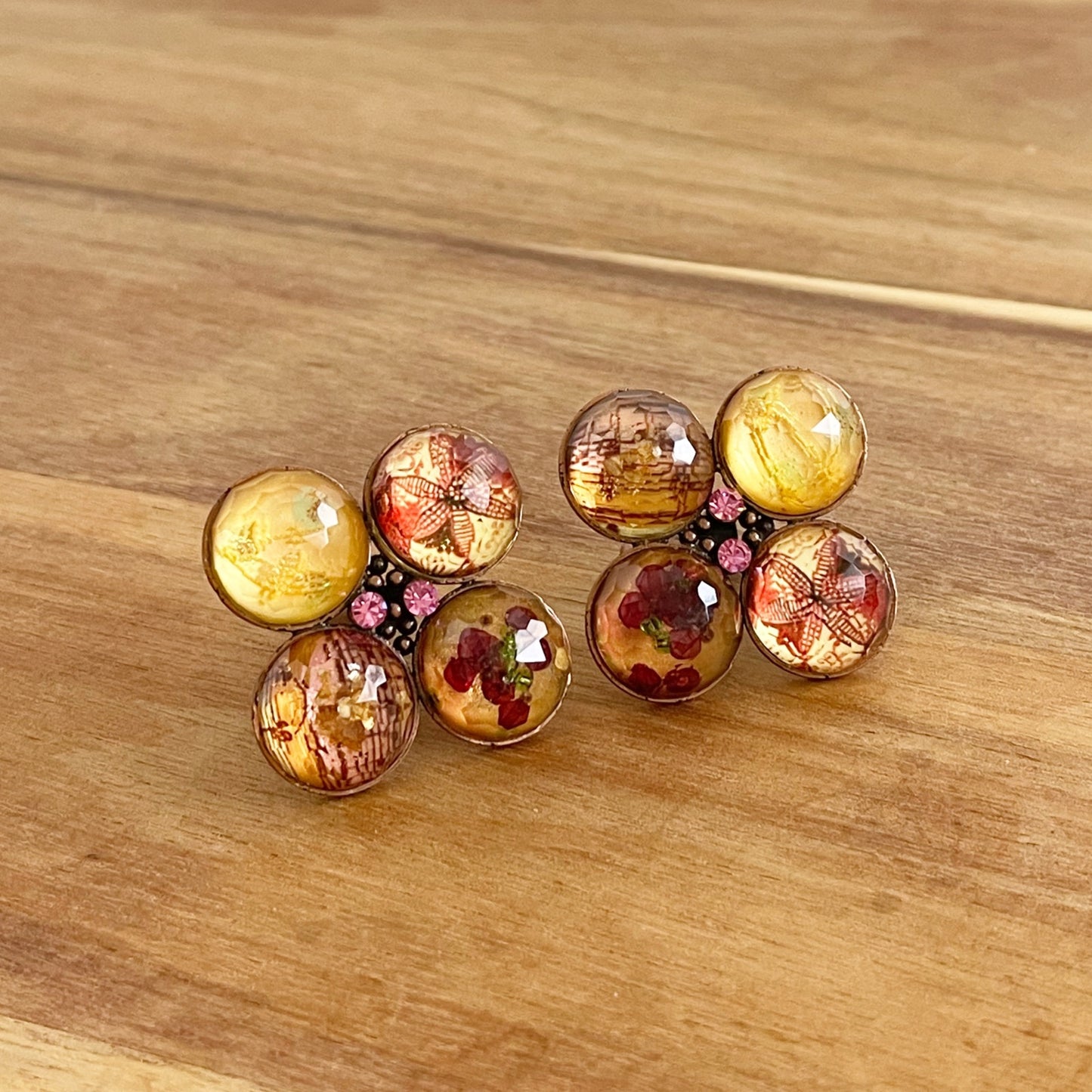 大きなカフスボタン 花 ピンク 金 カフスボタン