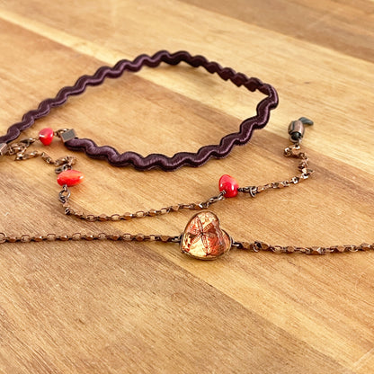 眼鏡チェーン 赤 ユリ ハート 珊瑚（染め） 眼鏡ストラップ・チェーン