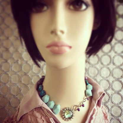 天然石チョーカー アマゾナイト 青 アメジスト インプレッションストーン TAMARUSAN