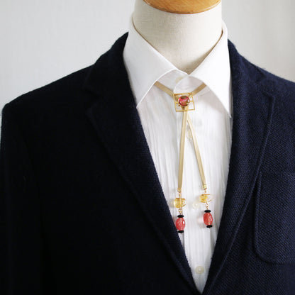 革紐ループタイ 赤 金 チェリークォーツ シトリン ループタイ