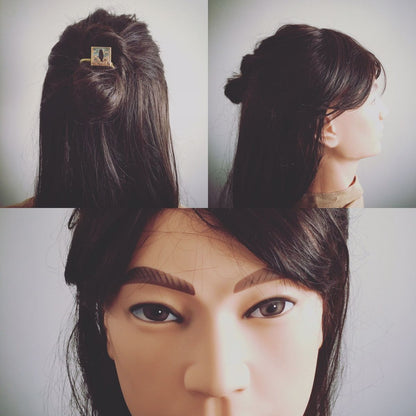 ヘアゴム ふくろう 水色 黄色 金 四角 TAMARUSAN