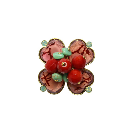 ブローチ 花 ピンク 赤 ターコイズ TAMARUSAN