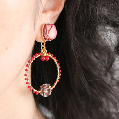 イヤリング ピンク 珊瑚 フープ 金 薔薇 TAMARUSAN