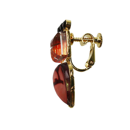 イヤリング オレンジ 珊瑚 ラインストーン クリップイヤリング